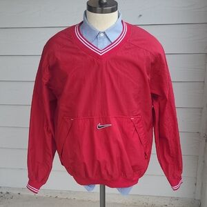 NIKE Red Solid Nylon Mens Medium Center Logo Windbreaker Pullover Jacket VTG 90s